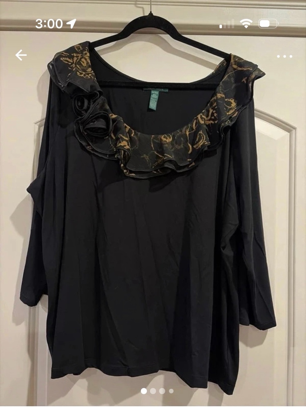 Ralph Lauren Black Long Sleeve Top with Gold Print Ruffle Collar
